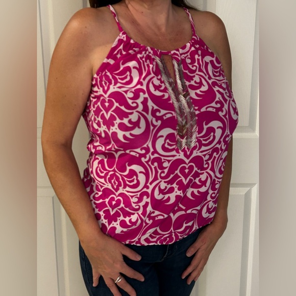 INC International Concepts Fuchsia Patterned Halter Blouse - Picture 1 of 3